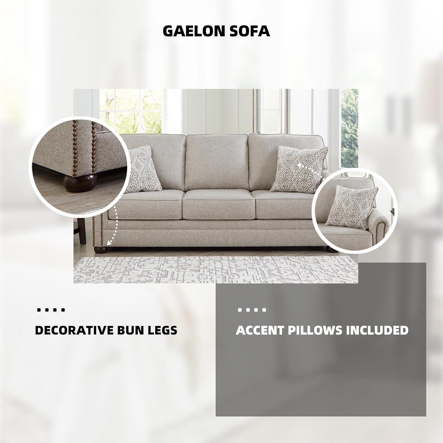 imageSignature Design by Ashley Gaelon Transitional 2in1 Sofa Sleeper with Folding Gel Memory Foam Mattress Nailheads and 2 Accent Pillows Queen BeigeSofa