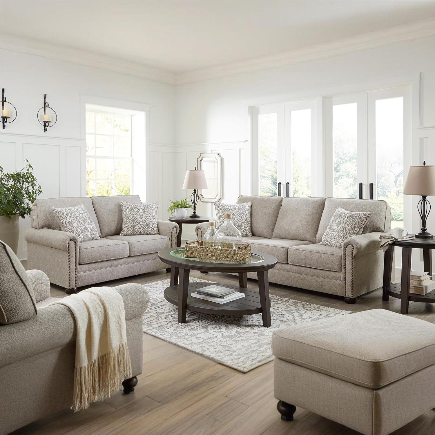 imageSignature Design by Ashley Gaelon Transitional 2in1 Sofa Sleeper with Folding Gel Memory Foam Mattress Nailheads and 2 Accent Pillows Queen BeigeSofa