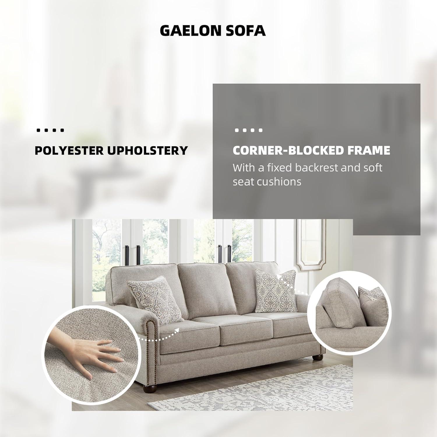 imageSignature Design by Ashley Gaelon Transitional 2in1 Sofa Sleeper with Folding Gel Memory Foam Mattress Nailheads and 2 Accent Pillows Queen BeigeSofa