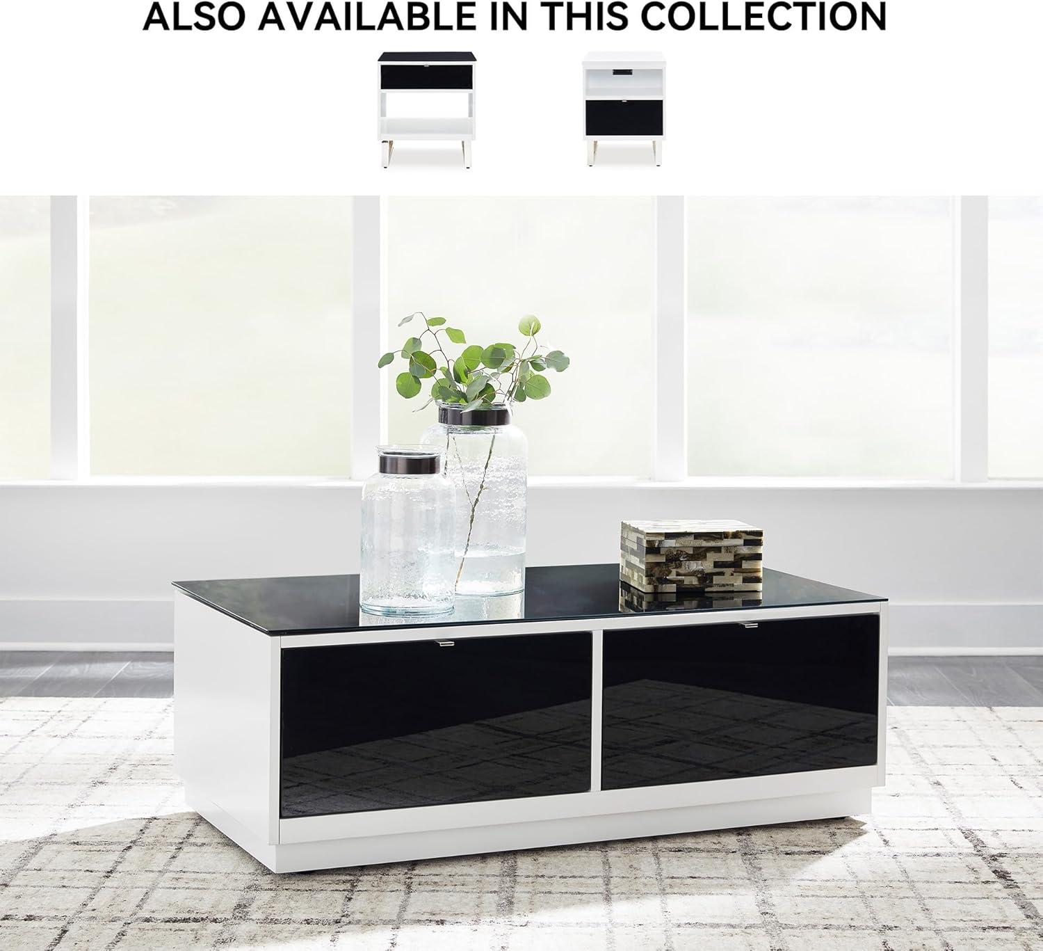 imageSignature Design by Ashley Gardoni Modern GlassTabletop Coffee Table with 2 Drawers Open Shelf Casters and High Gloss Finish White ampamp Black
