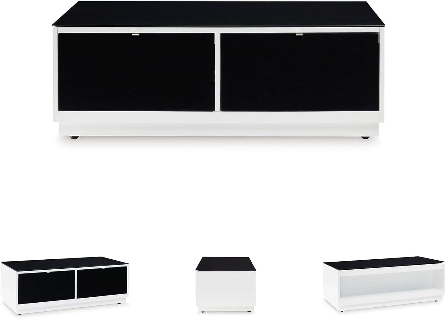 imageSignature Design by Ashley Gardoni Modern GlassTabletop Coffee Table with 2 Drawers Open Shelf Casters and High Gloss Finish White ampamp Black