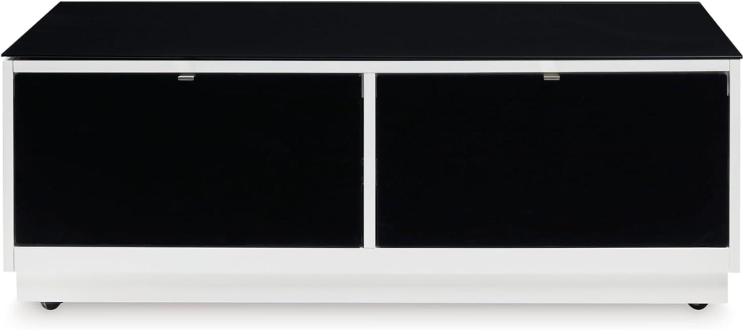 imageSignature Design by Ashley Gardoni Modern GlassTabletop Coffee Table with 2 Drawers Open Shelf Casters and High Gloss Finish White ampamp Black