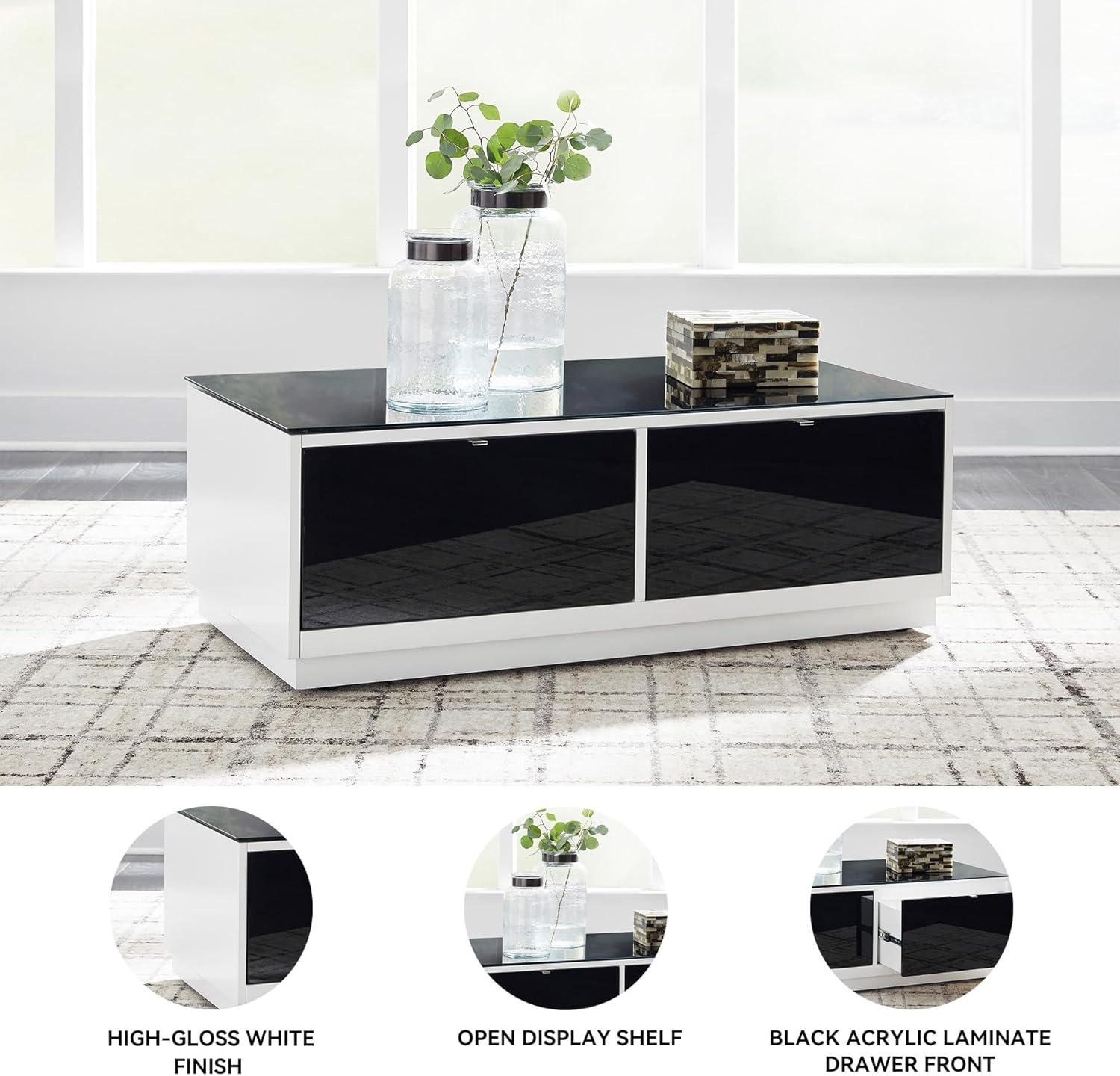 imageSignature Design by Ashley Gardoni Modern GlassTabletop Coffee Table with 2 Drawers Open Shelf Casters and High Gloss Finish White ampamp Black