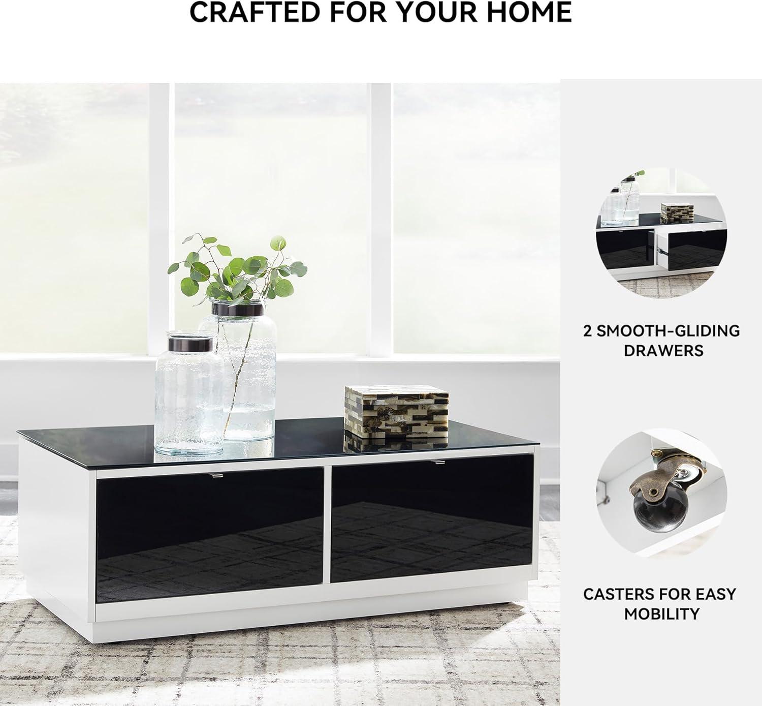 imageSignature Design by Ashley Gardoni Modern GlassTabletop Coffee Table with 2 Drawers Open Shelf Casters and High Gloss Finish White ampamp Black