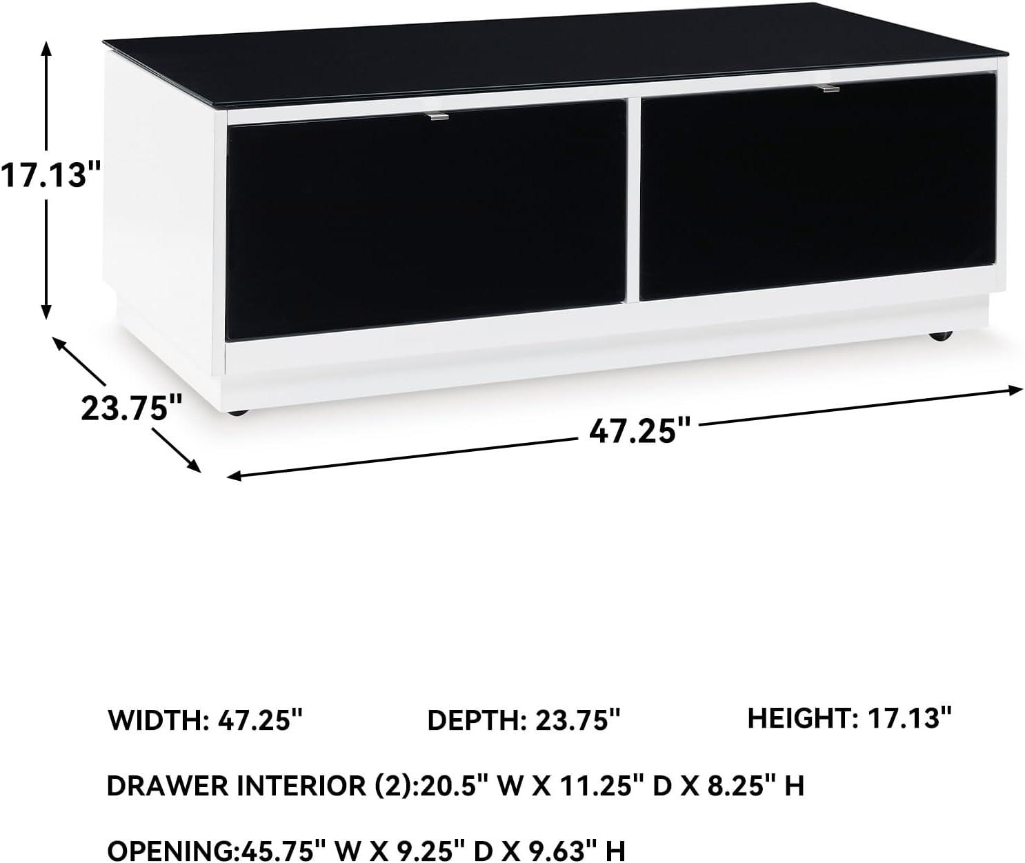 imageSignature Design by Ashley Gardoni Modern GlassTabletop Coffee Table with 2 Drawers Open Shelf Casters and High Gloss Finish White ampamp Black
