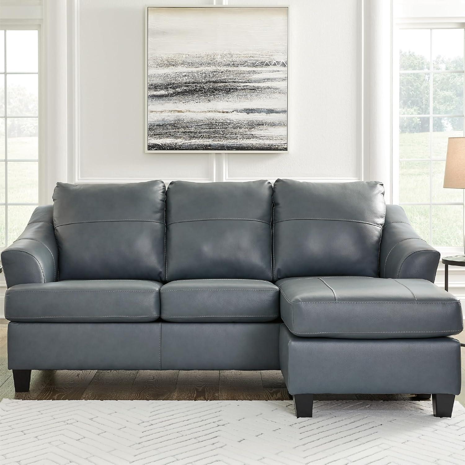 imageSignature Design by Ashley Genoa Modern Leather Sectional Sofa Couch with Chaise Lounge BlueBlue
