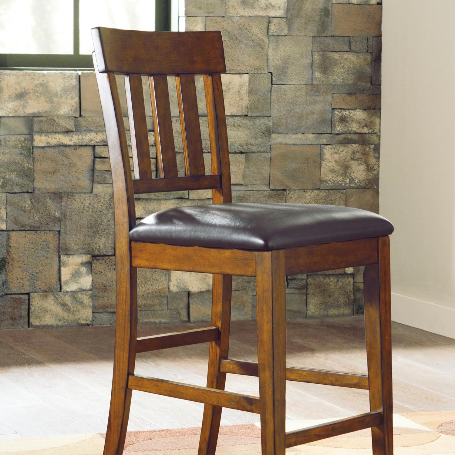 imageSignature Design by Ashley Haddigan Upholstered Barstool 2 Count Slat Back Design Cushioned Seat Wood 255quot H Dark BrownLight Brown