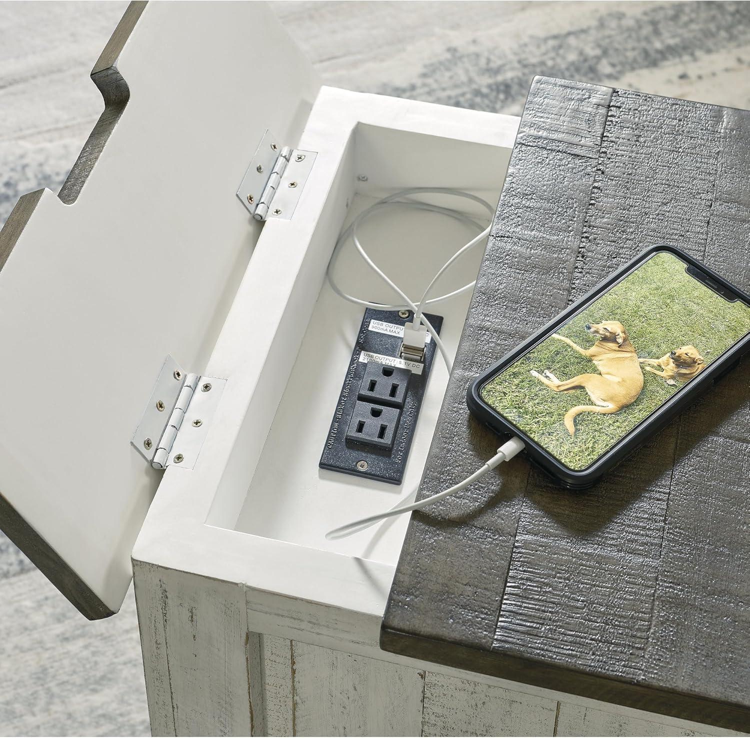imageSignature Design by Ashley Havalance Casual Chair Side End Table Dual USB Charging Port Fixed Shelf Pine Wood 16quot W x 2425quot D x 2288quot H White ampamp Gray