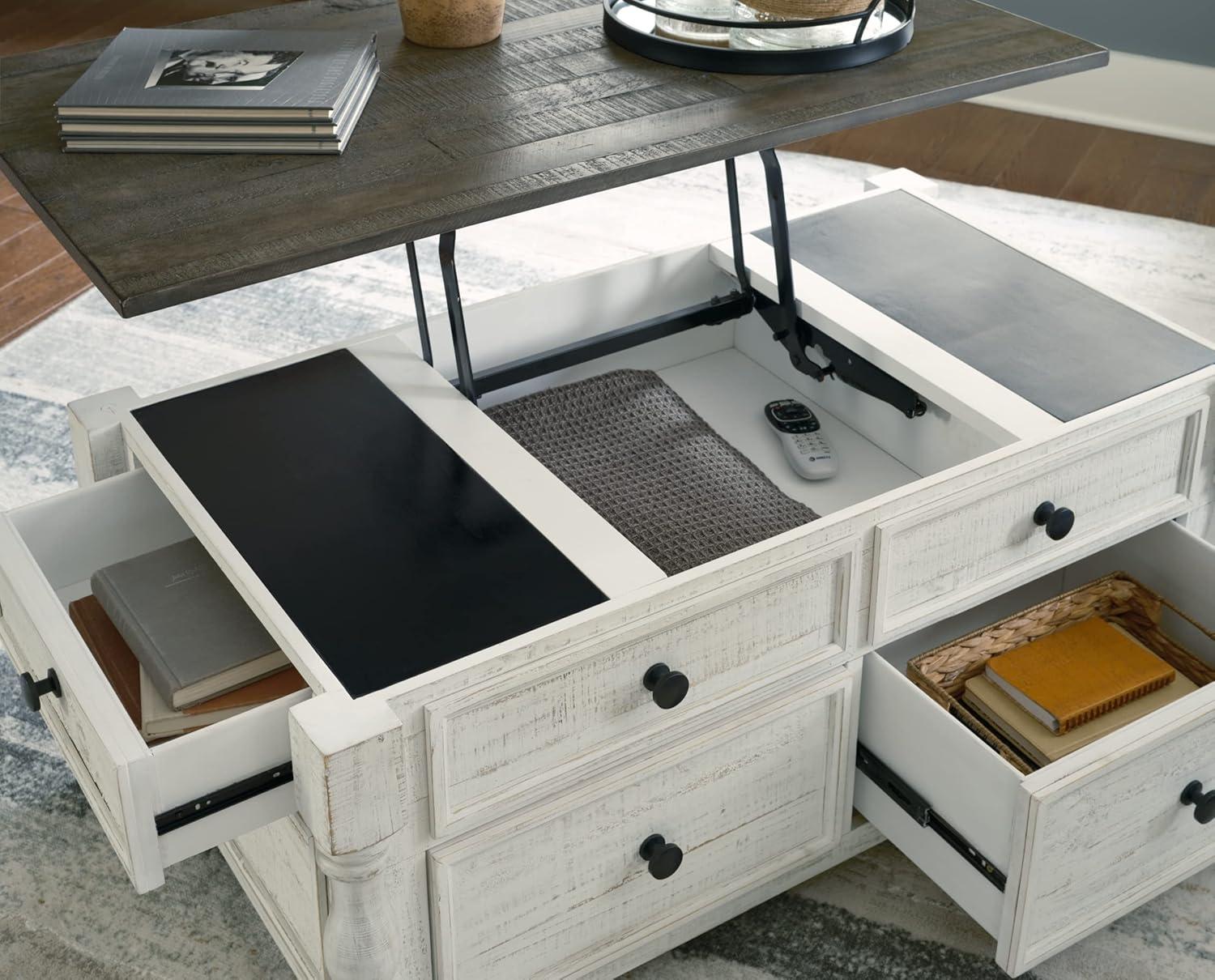 imageSignature Design by Ashley Havalance Farmhouse Lift Top Coffee Table with Fixed Shelf and 2 Hidden Storage Trays Gray ampamp White with Weathered FinishStorage