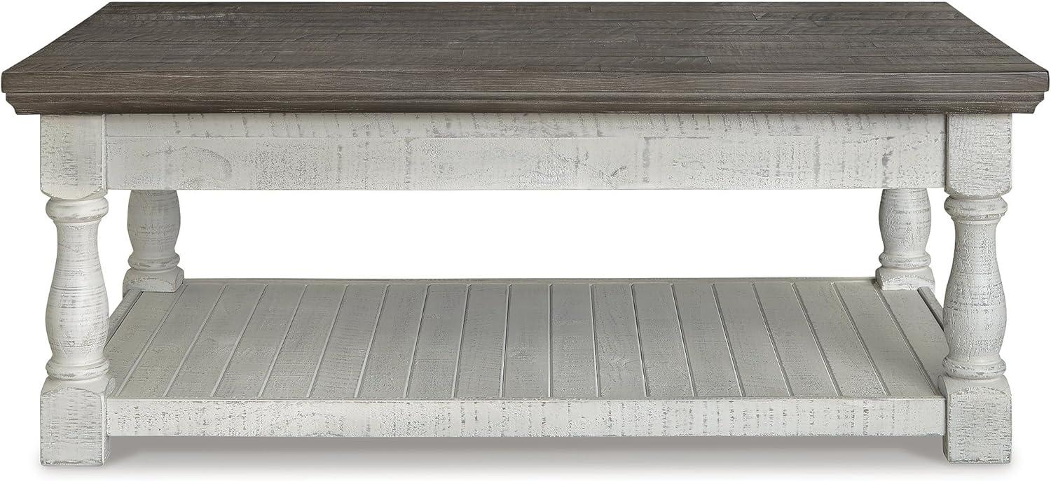 imageSignature Design by Ashley Havalance Farmhouse Lift Top Coffee Table with Fixed Shelf and 2 Hidden Storage Trays Gray ampamp White with Weathered FinishOpen