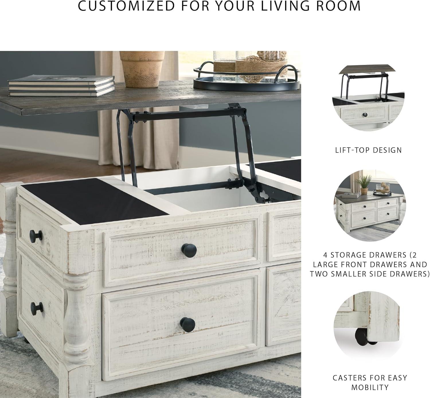 imageSignature Design by Ashley Havalance Farmhouse Lift Top Coffee Table with Fixed Shelf and 2 Hidden Storage Trays Gray ampamp White with Weathered FinishStorage