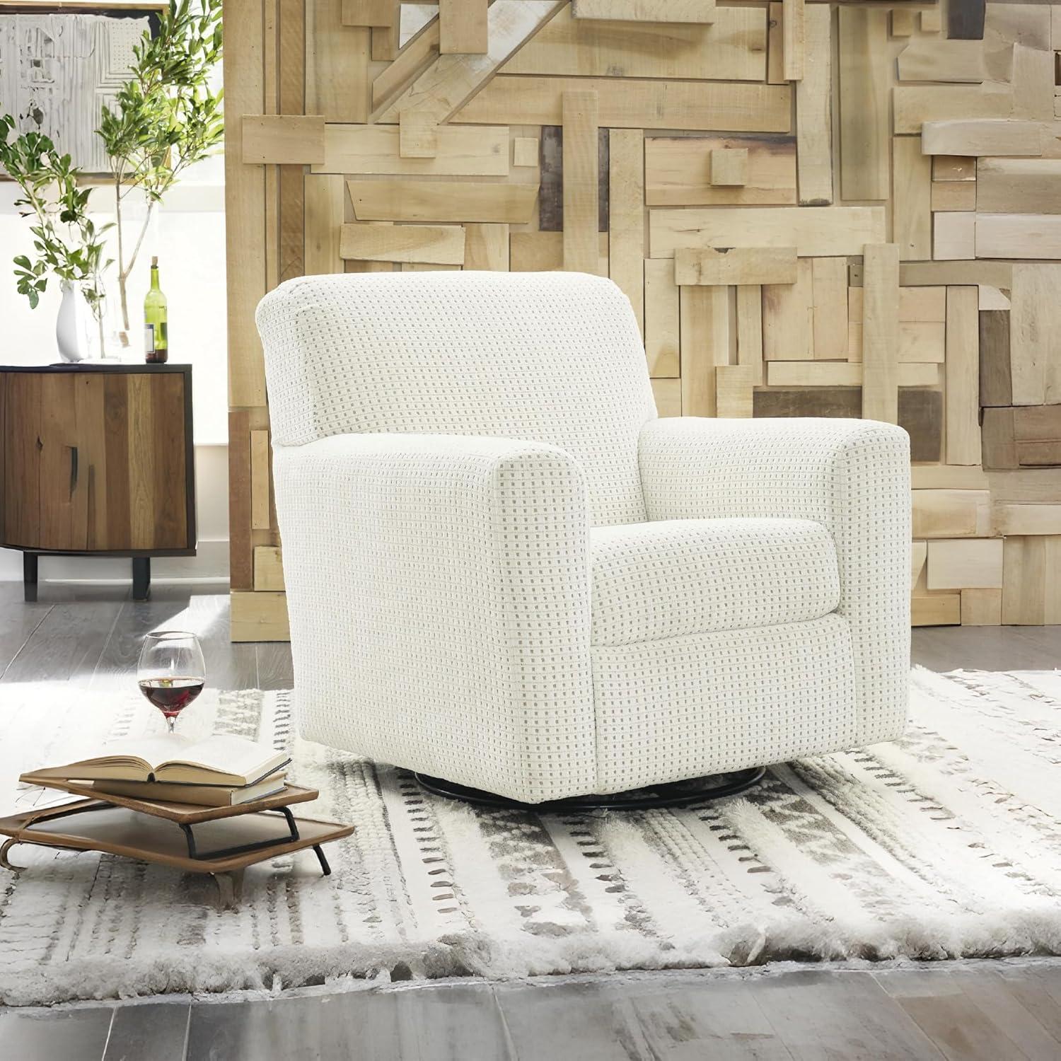 imageSignature Design by Ashley Herstow Casual Polka Dot Upholstered Swivel Glider Accent Chair White ampamp BeigeWhite Beige