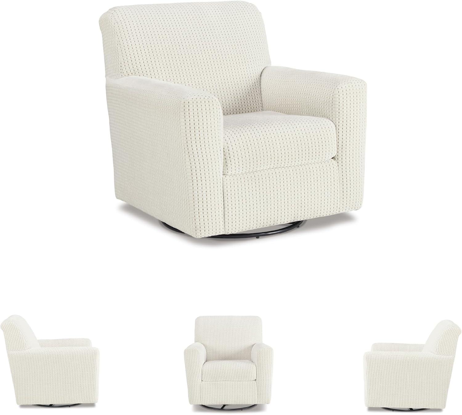 imageSignature Design by Ashley Herstow Casual Polka Dot Upholstered Swivel Glider Accent Chair White ampamp BeigeWhite Beige