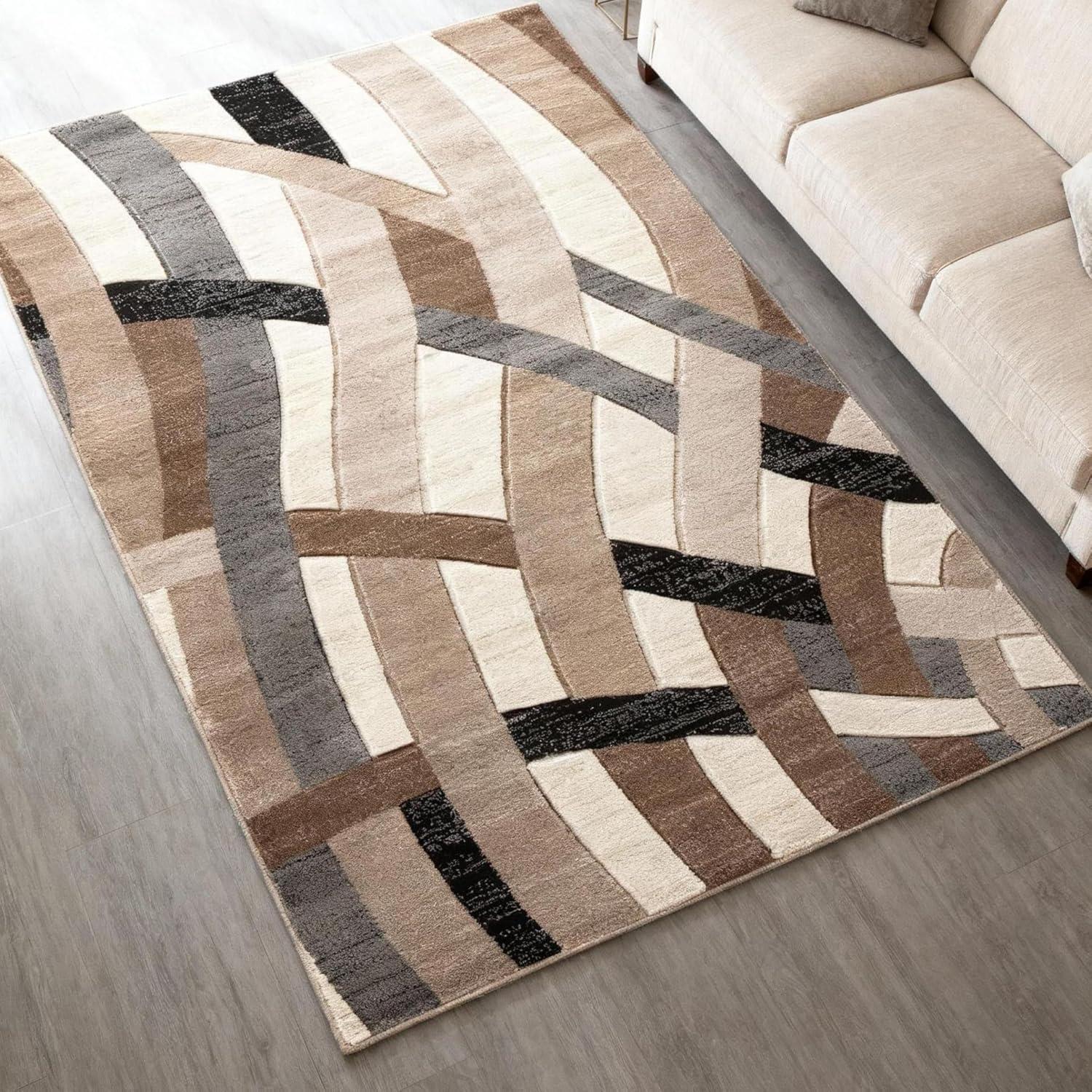 imageSignature Design by Ashley Jacinth Modern 8 x 10 Medium Pile Rug with Overlapping Wave Design Brown Beige ampamp Cream66 x 96 Rectangular