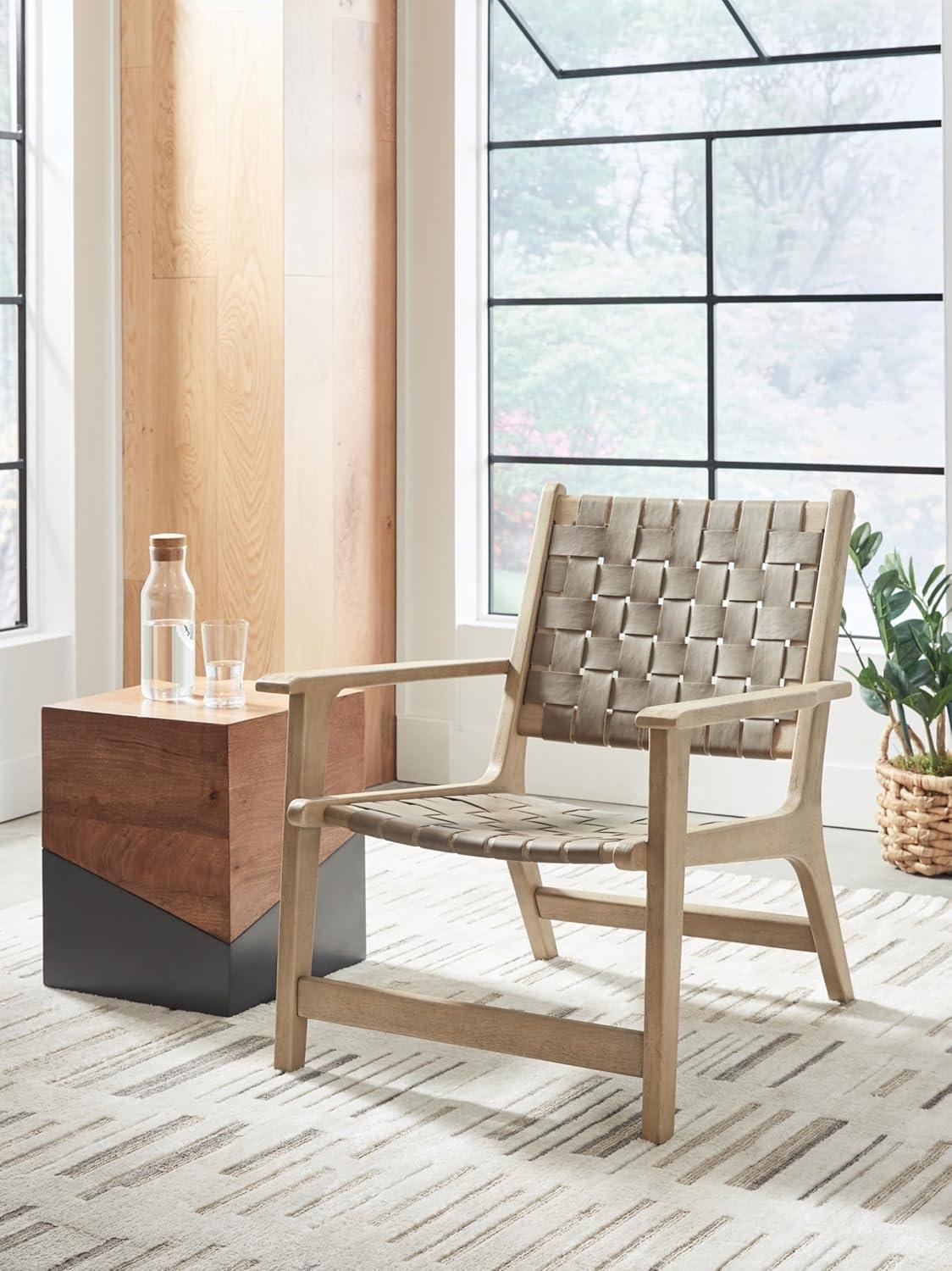 imageSignature Design by Ashley Jameset MidCentury Modern Accent Chair with Foot Rest Leather Woven Strips and Tight Seat Light Brown