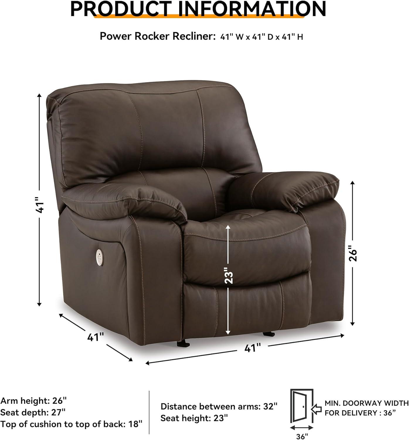 imageSignature Design by Ashley Leesworth Contemporary Leather Match Power Rocker Recliner with USB Ports Dark BrownBrown