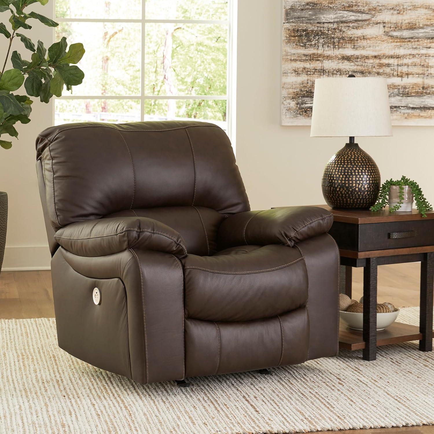 imageSignature Design by Ashley Leesworth Contemporary Leather Match Power Rocker Recliner with USB Ports Dark BrownBrown