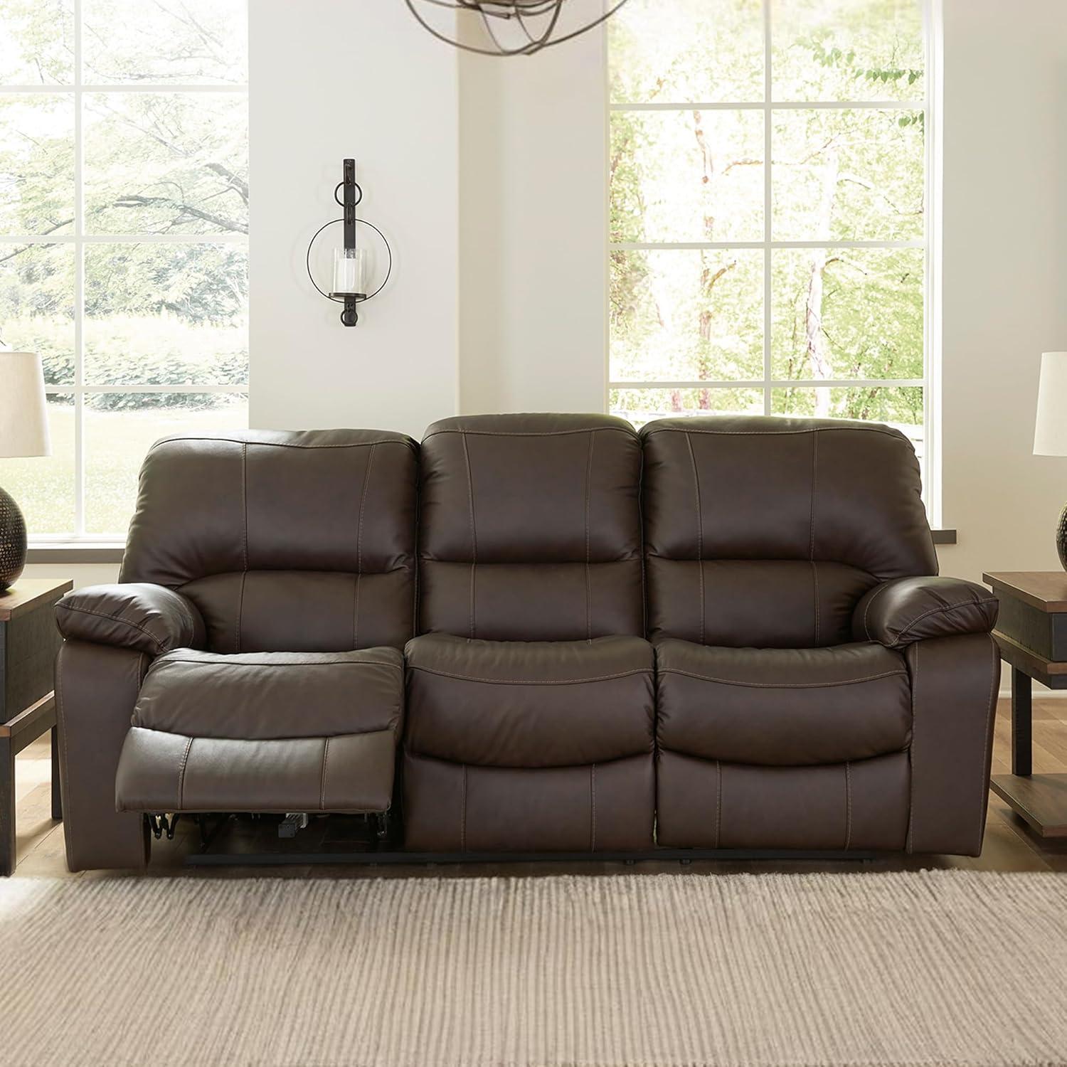 imageSignature Design by Ashley Leesworth Modern Leather Match Power Reclining Sofa with USB Ports Dark BrownBrown