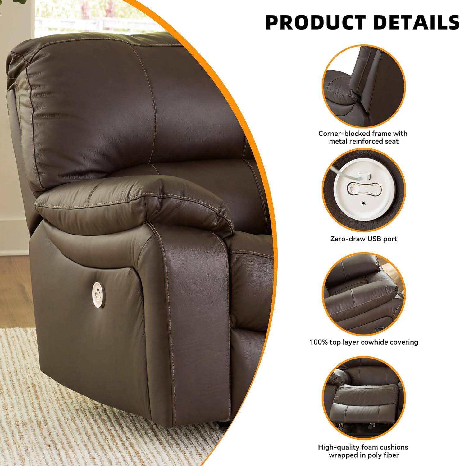 imageSignature Design by Ashley Leesworth Modern Leather Match Power Reclining Sofa with USB Ports Dark BrownBrown
