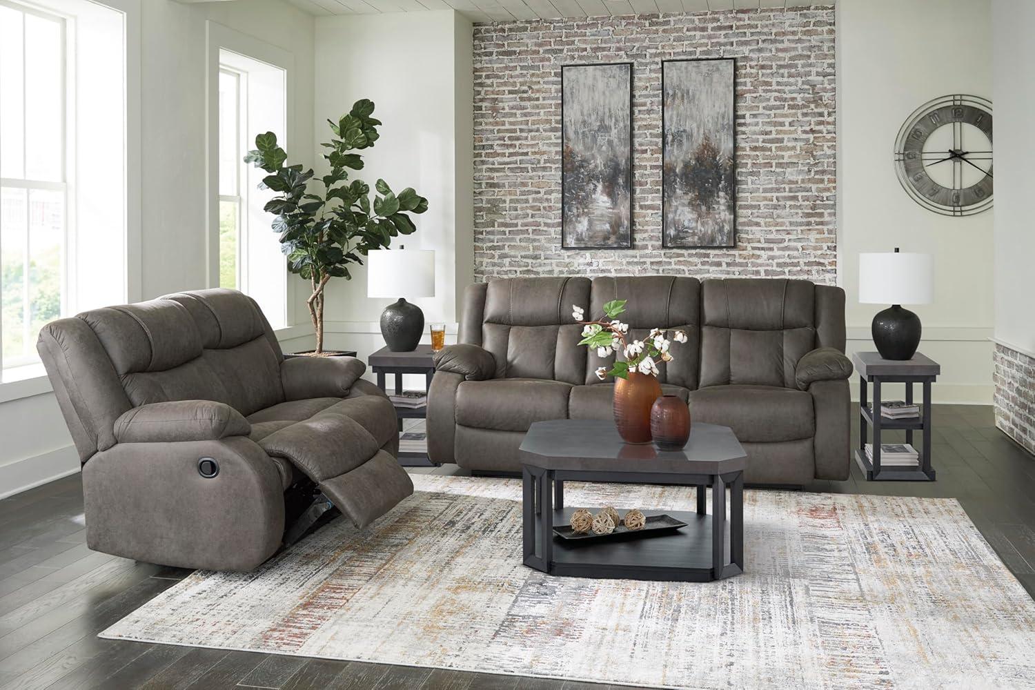 imageSignature Design by Ashley Leesworth Modern Leather Match Power Reclining Sofa with USB Ports Dark BrownGrey