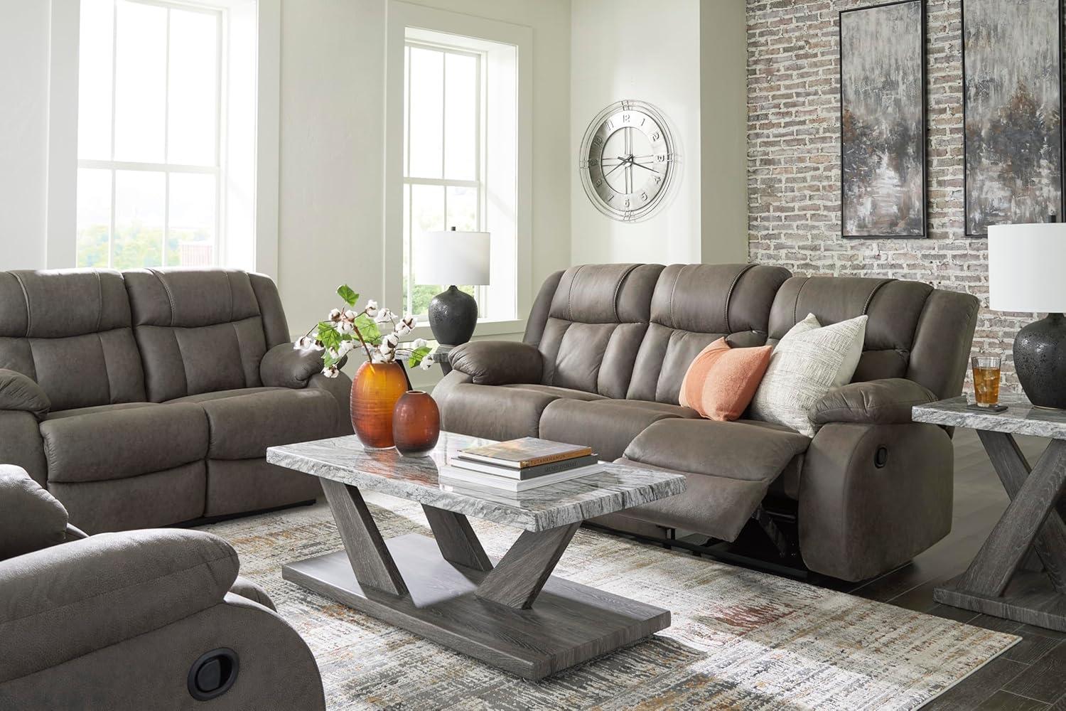 imageSignature Design by Ashley Leesworth Modern Leather Match Power Reclining Sofa with USB Ports Dark BrownGrey
