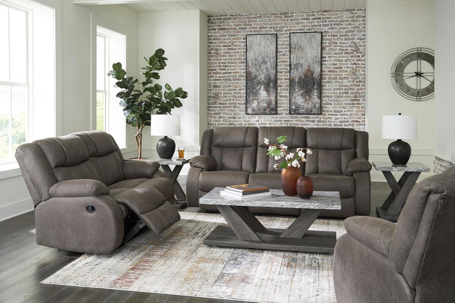 imageSignature Design by Ashley Leesworth Modern Leather Match Power Reclining Sofa with USB Ports Dark BrownGrey