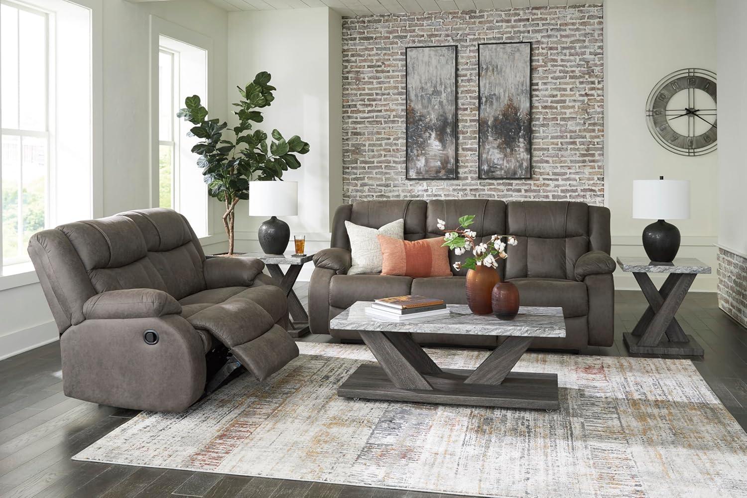imageSignature Design by Ashley Leesworth Modern Leather Match Power Reclining Sofa with USB Ports Dark BrownGrey