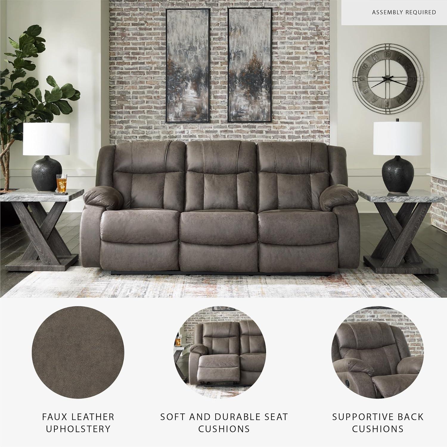 imageSignature Design by Ashley Leesworth Modern Leather Match Power Reclining Sofa with USB Ports Dark BrownGrey