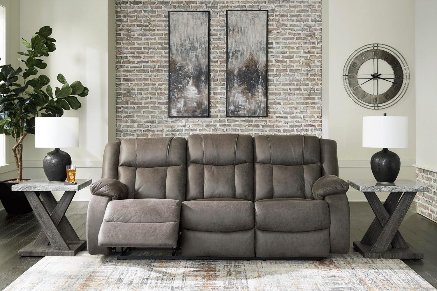 imageSignature Design by Ashley Leesworth Modern Leather Match Power Reclining Sofa with USB Ports Dark BrownGrey