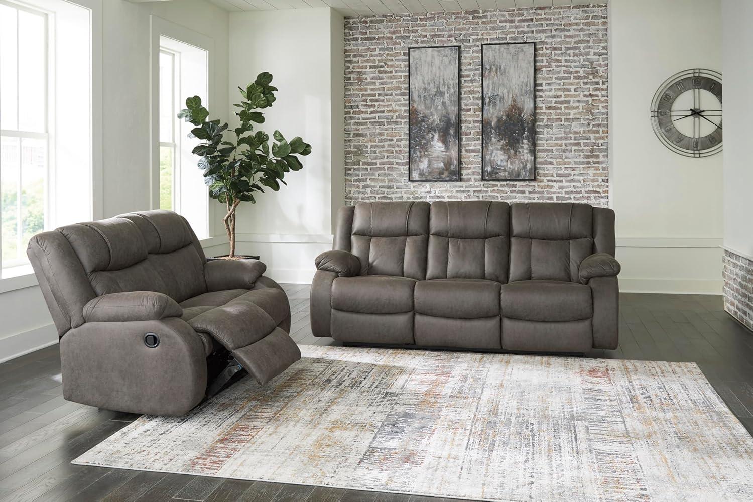 imageSignature Design by Ashley Leesworth Modern Leather Match Power Reclining Sofa with USB Ports Dark BrownGrey