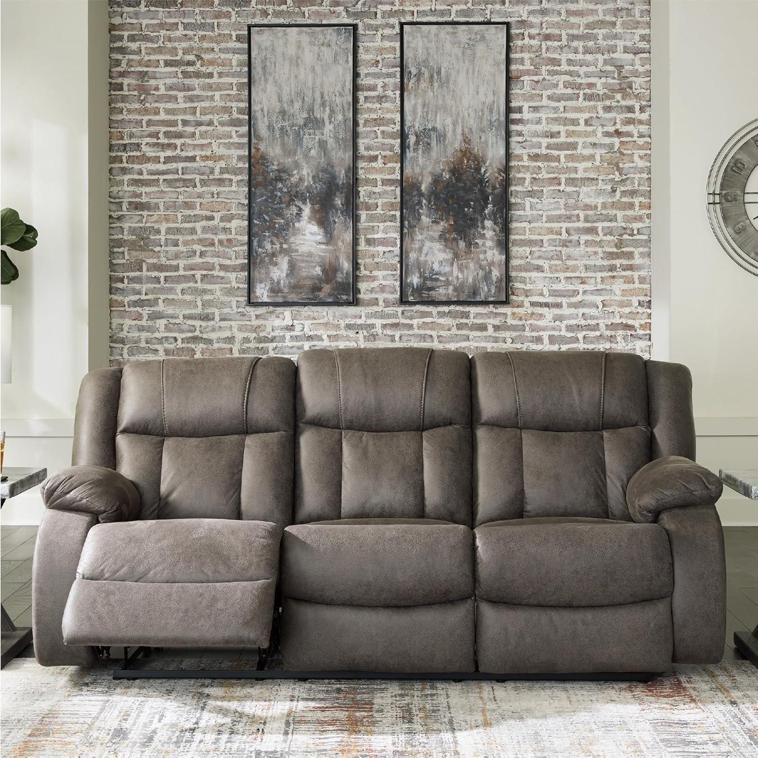 imageSignature Design by Ashley Leesworth Modern Leather Match Power Reclining Sofa with USB Ports Dark BrownGrey