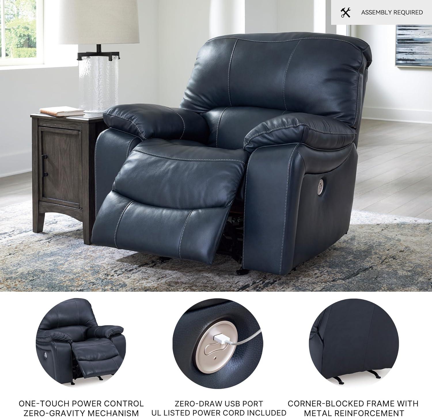 imageSignature Design by Ashley Leesworth Modern Power Rocker Recliner USB Port Gentle Rocking Top Grain Leather and Matched Leather 41quot W x 41quot D x 41quot H Blue
