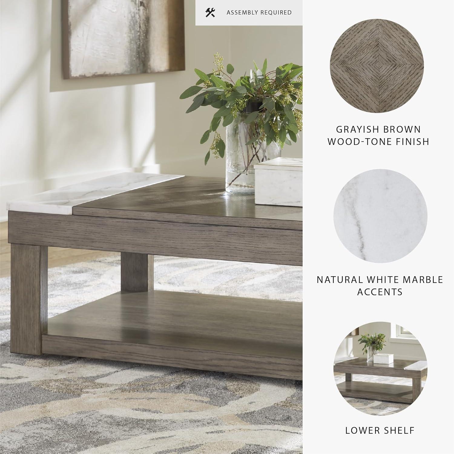 imageSignature Design by Ashley Loyaska Casual LiftTop Coffee Table with 1 Lower Shelf Marble Accents and Casters Brown ampamp White