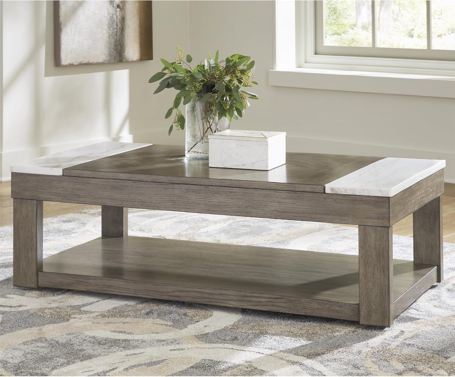 imageSignature Design by Ashley Loyaska Casual LiftTop Coffee Table with 1 Lower Shelf Marble Accents and Casters Brown ampamp White