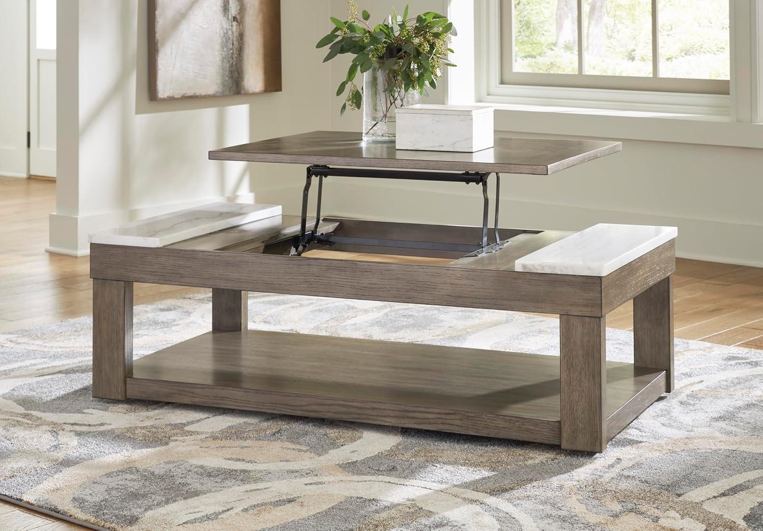 imageSignature Design by Ashley Loyaska Casual LiftTop Coffee Table with 1 Lower Shelf Marble Accents and Casters Brown ampamp White