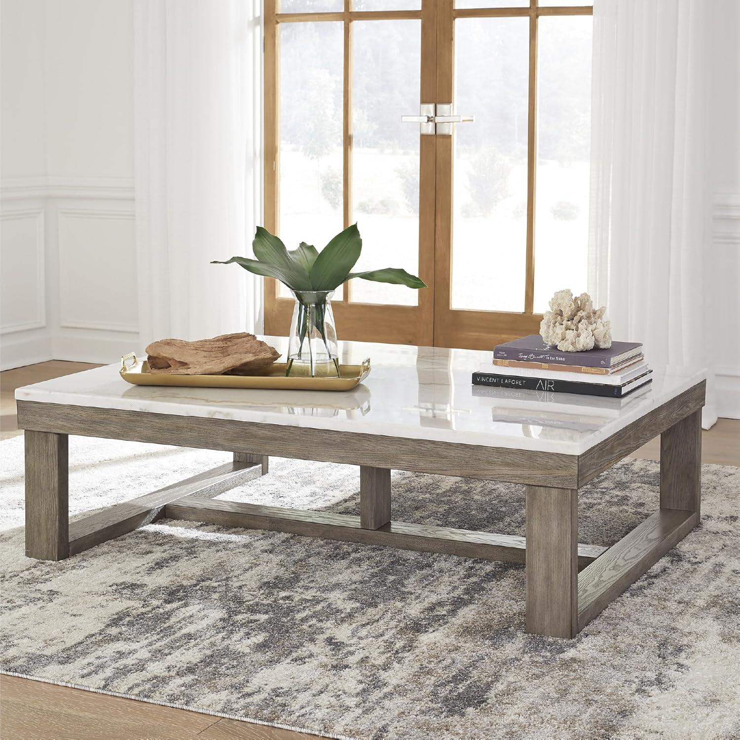 imageSignature Design by Ashley Loyaska Casual Rectangular Cocktail Table Natural Marble Top Oak Veneer 56quot W x 42quot D x 1688quot H White ampamp Light Gray ampamp BrownTwo Tone