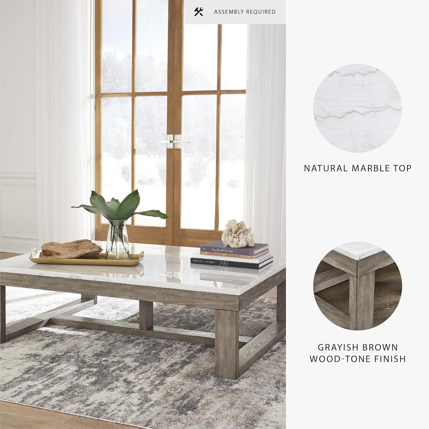 imageSignature Design by Ashley Loyaska Casual Rectangular Cocktail Table Natural Marble Top Oak Veneer 56quot W x 42quot D x 1688quot H White ampamp Light Gray ampamp BrownTwo Tone