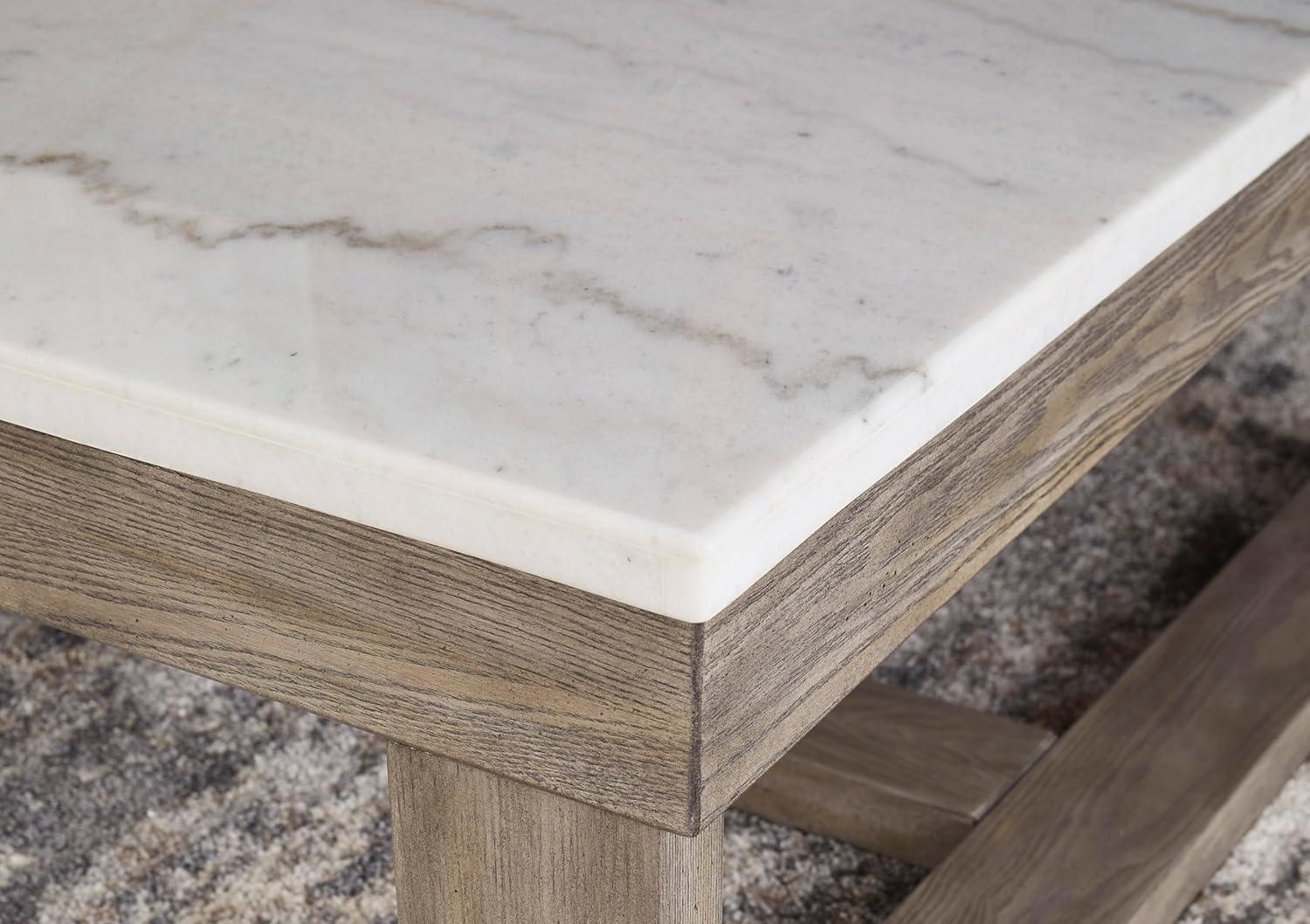 imageSignature Design by Ashley Loyaska Casual Rectangular Cocktail Table Natural Marble Top Oak Veneer 56quot W x 42quot D x 1688quot H White ampamp Light Gray ampamp BrownTwo Tone