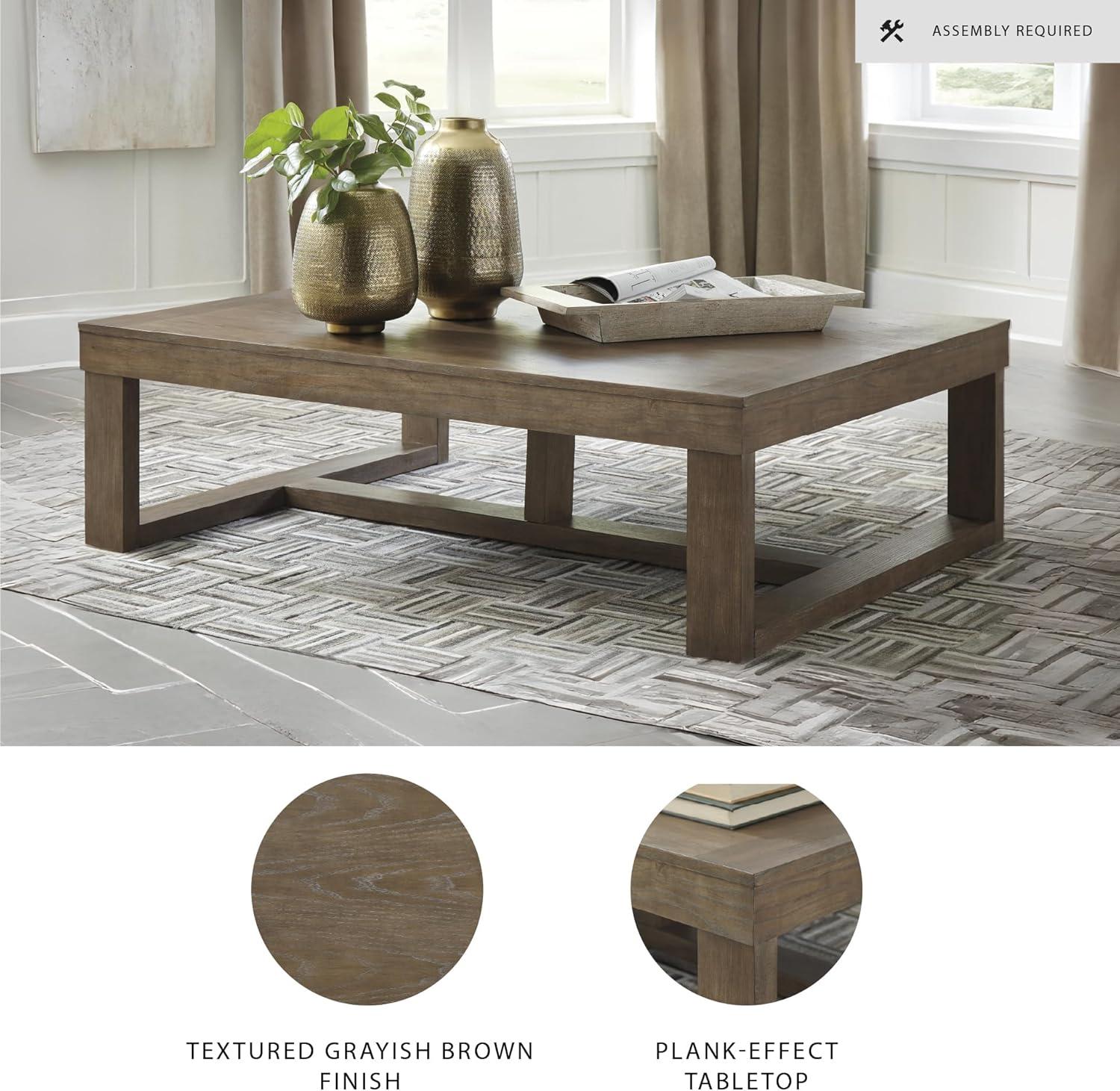 imageSignature Design by Ashley Loyaska Casual Rectangular Cocktail Table Natural Marble Top Oak Veneer 56quot W x 42quot D x 1688quot H White ampamp Light Gray ampamp BrownGrayish Brown