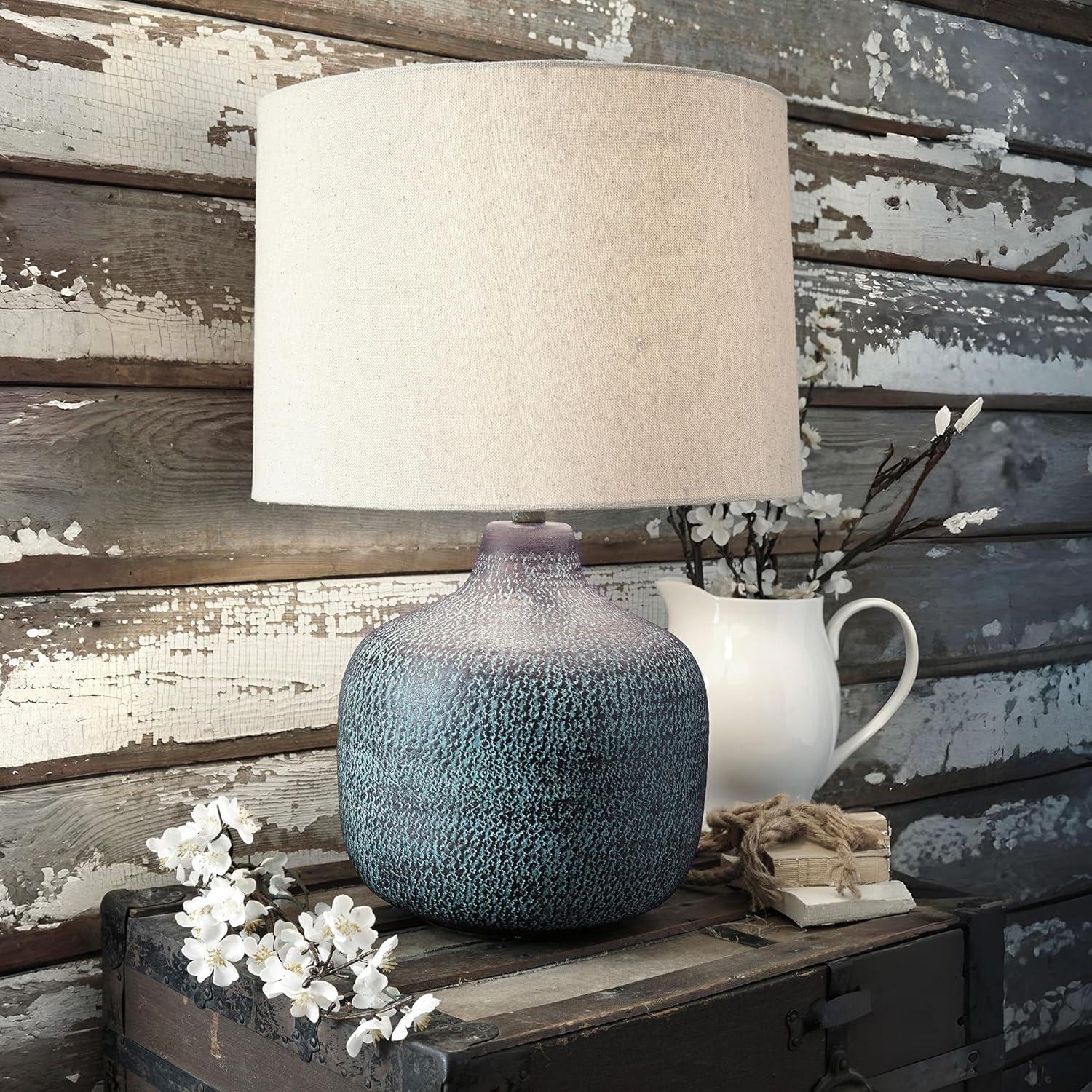 imageSignature Design by Ashley Magalie Contemporary UL Listed Table Lamp with Modified Drum Shade 3Way Switch Hammered Aluminum 2313quot High Antique SilverBeige Copper Blue Bronze