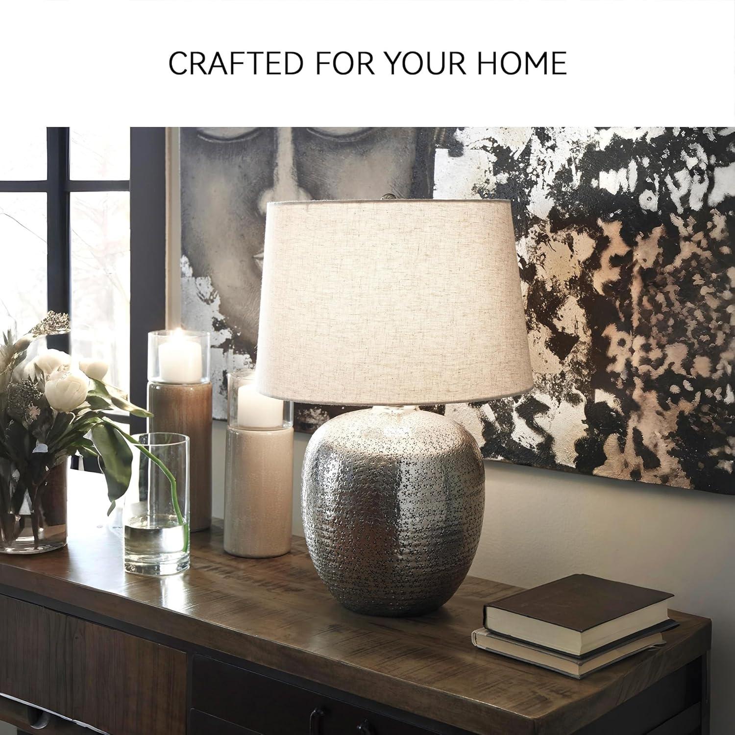 imageSignature Design by Ashley Magalie Contemporary UL Listed Table Lamp with Modified Drum Shade 3Way Switch Hammered Aluminum 2313quot High Antique SilverAntique Silver Finish