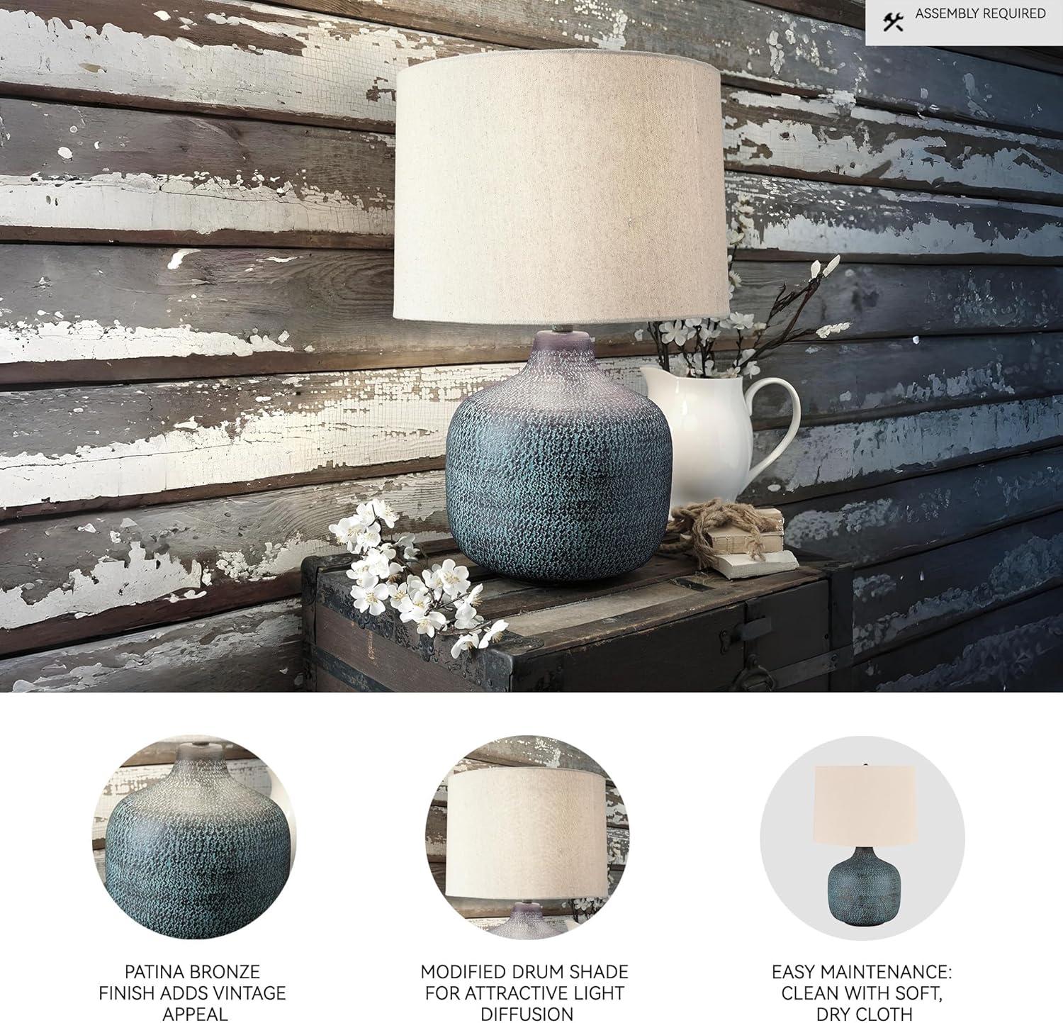 imageSignature Design by Ashley Magalie Contemporary UL Listed Table Lamp with Modified Drum Shade 3Way Switch Hammered Aluminum 2313quot High Antique SilverBeige Copper Blue Bronze