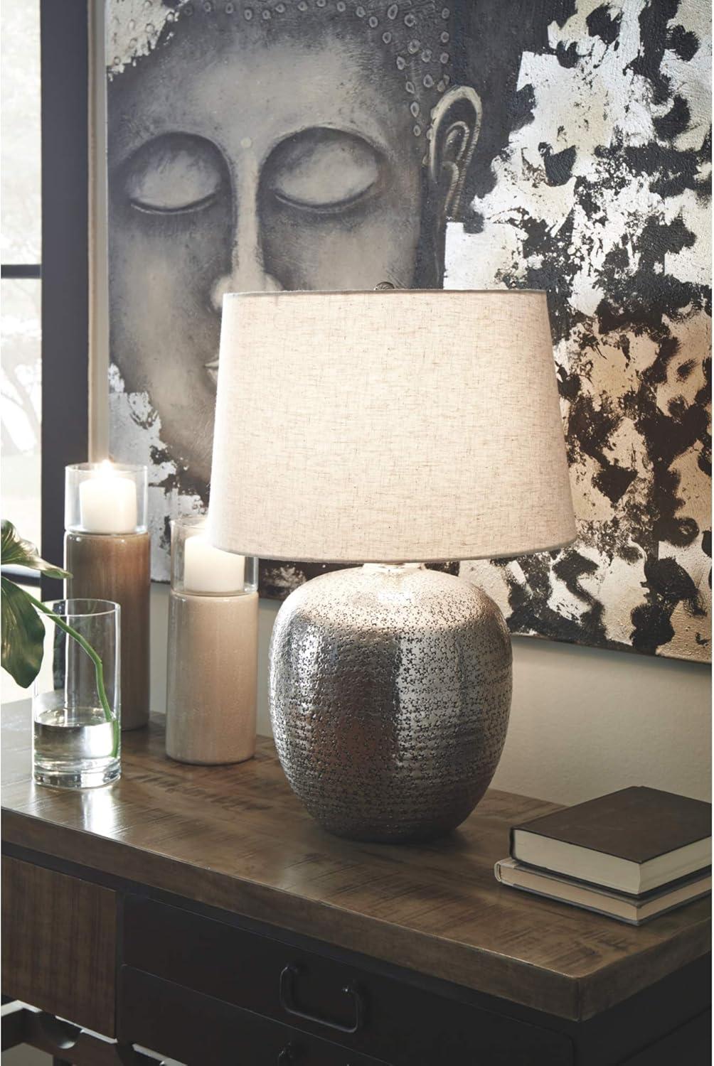 imageSignature Design by Ashley Magalie Contemporary UL Listed Table Lamp with Modified Drum Shade 3Way Switch Hammered Aluminum 2313quot High Antique SilverAntique Silver Finish