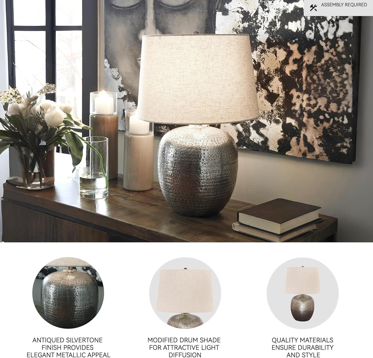 imageSignature Design by Ashley Magalie Contemporary UL Listed Table Lamp with Modified Drum Shade 3Way Switch Hammered Aluminum 2313quot High Antique SilverAntique Silver Finish