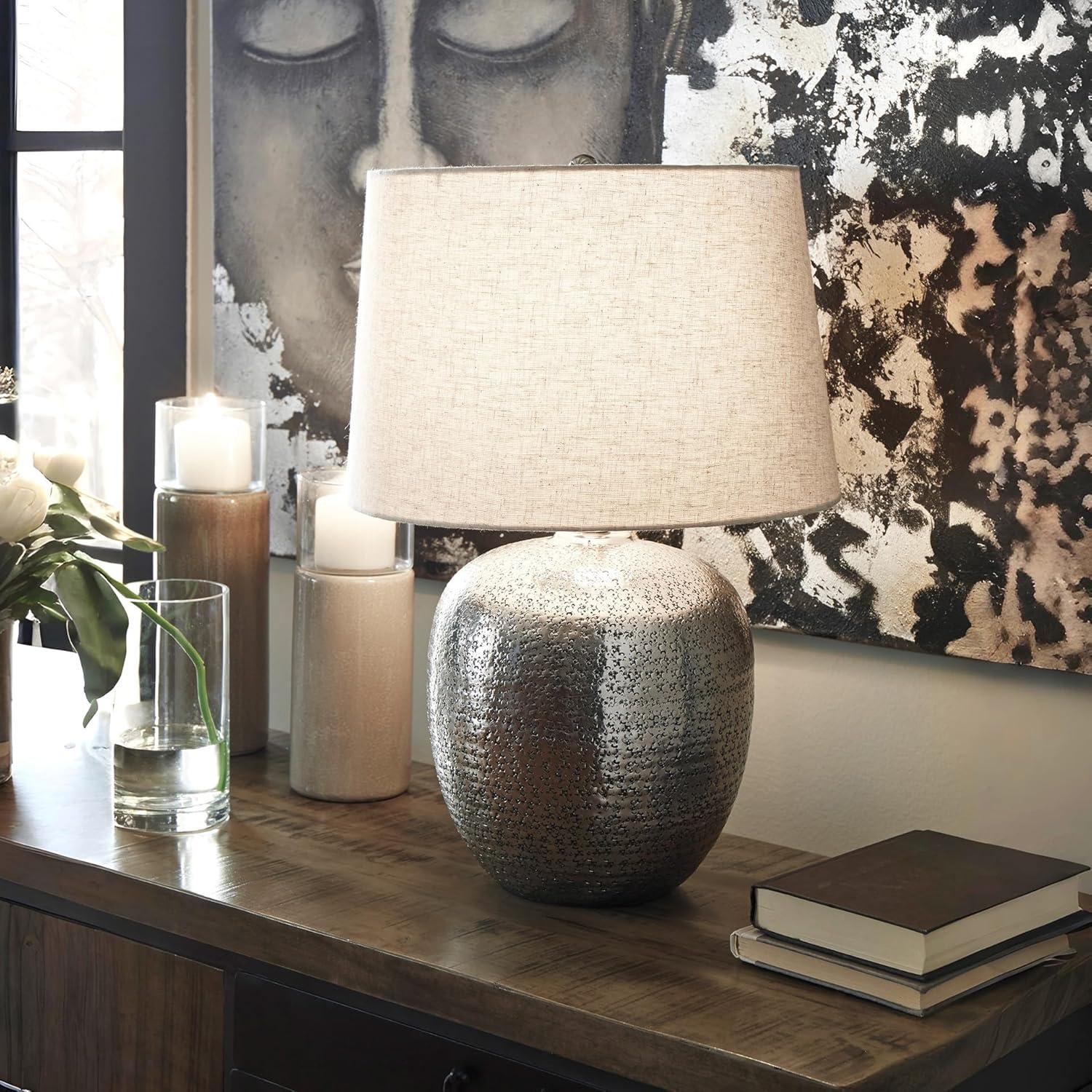 imageSignature Design by Ashley Magalie Contemporary UL Listed Table Lamp with Modified Drum Shade 3Way Switch Hammered Aluminum 2313quot High Antique SilverAntique Silver Finish