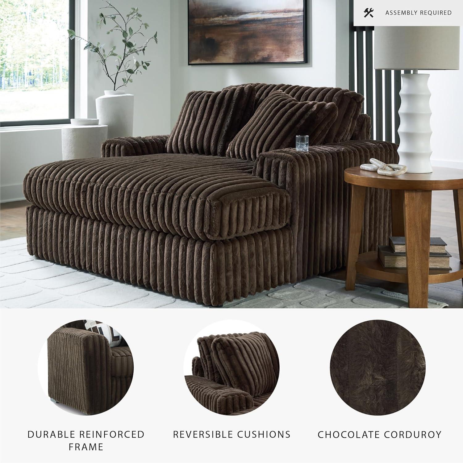 imageSignature Design by Ashley MidnightMadness Contemporary Oversized Chaise with Reversible Cushions USB Ports and Cup Holders Dark BrownBrown