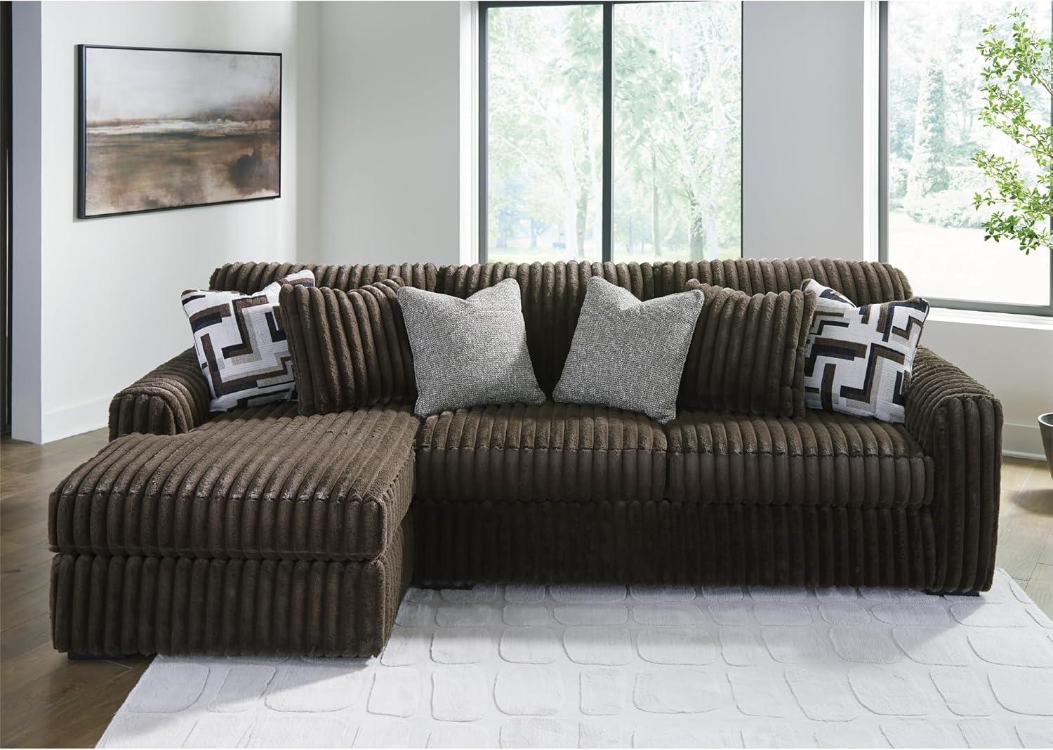 imageSignature Design by Ashley MidnightMadness Contemporary Oversized Chaise with Reversible Cushions USB Ports and Cup Holders Dark BrownBrown