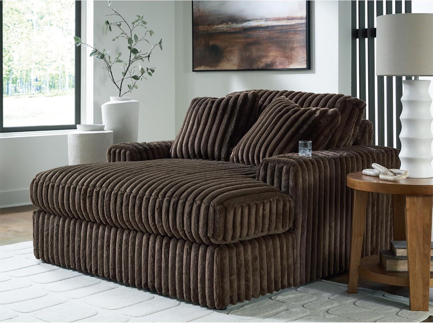 imageSignature Design by Ashley MidnightMadness Contemporary Oversized Chaise with Reversible Cushions USB Ports and Cup Holders Dark BrownBrown
