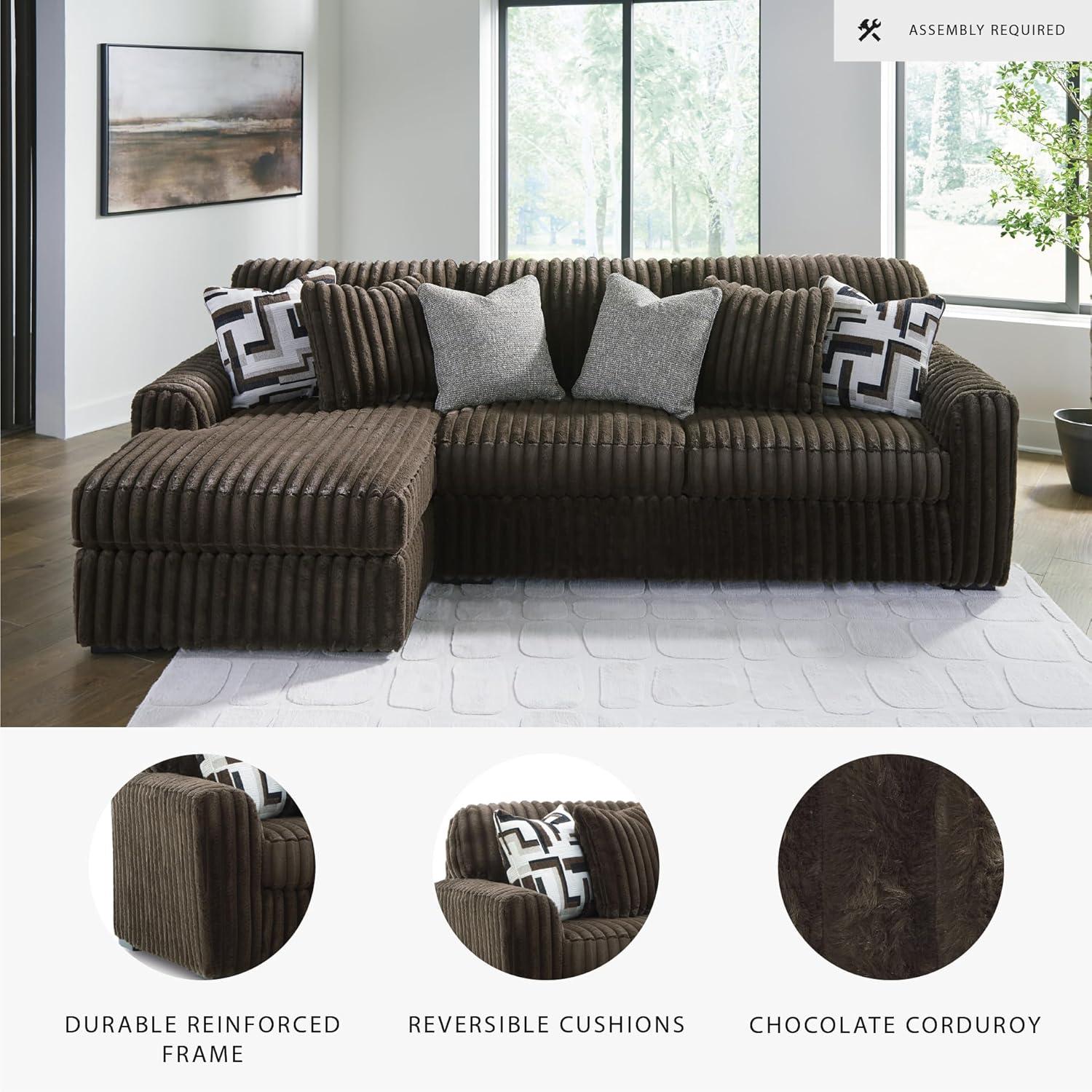imageSignature Design by Ashley MidnightMadness Contemporary Oversized Chaise with Reversible Cushions USB Ports and Cup Holders Dark BrownBrown
