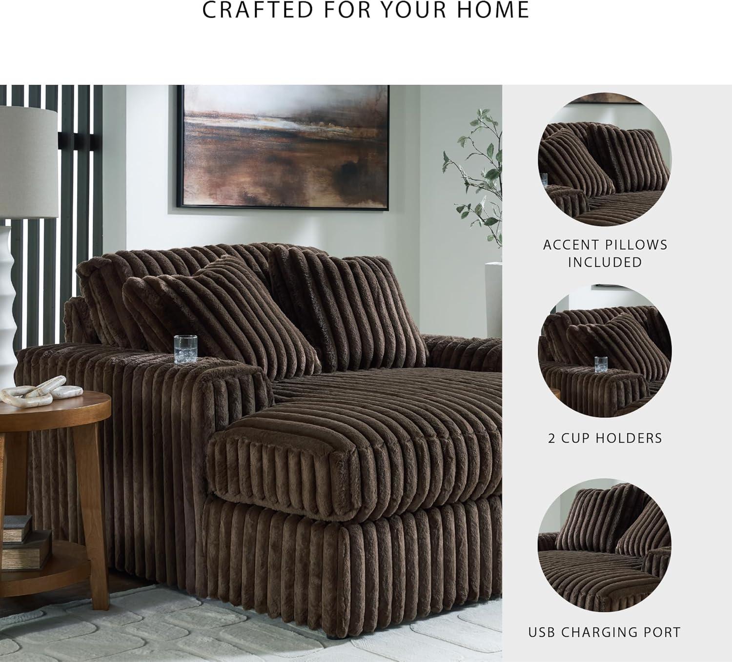 imageSignature Design by Ashley MidnightMadness Contemporary Oversized Chaise with Reversible Cushions USB Ports and Cup Holders Dark BrownBrown